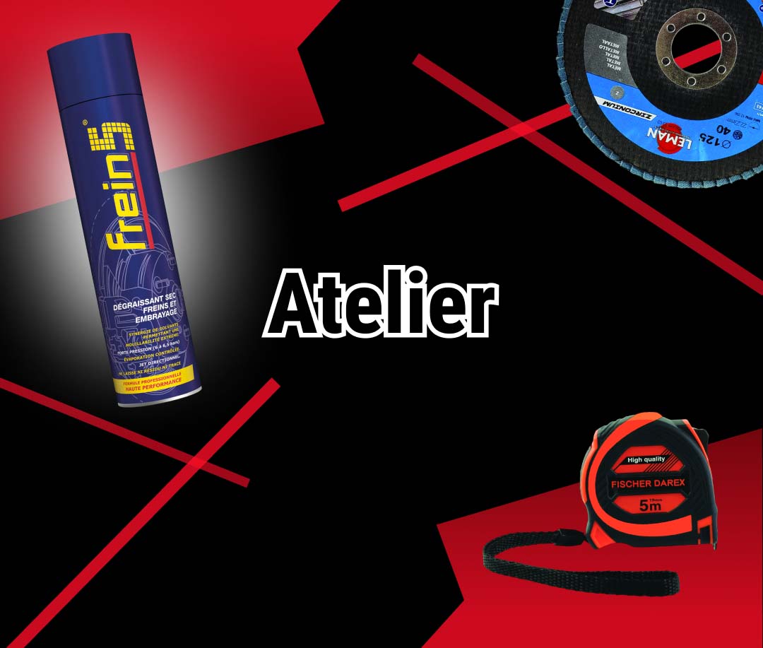 Bandeau illustratif pour la catégorie Atelier, avec fond noir et rouge, montrant une bombe de nettoyant frein autour du mot "Atelier" centré en blanc.