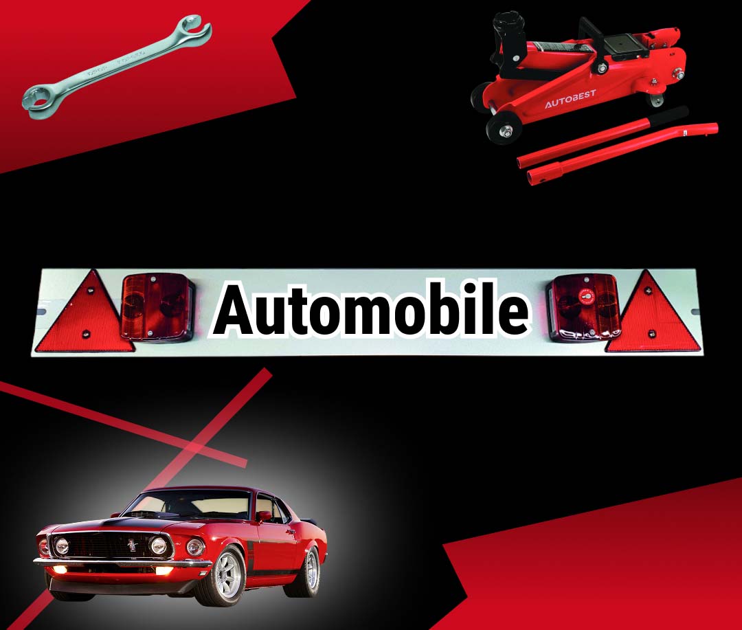 Bandeau illustratif pour la catégorie Automobile, ou l'on voit une voiture, une clef plate, un cric etc..