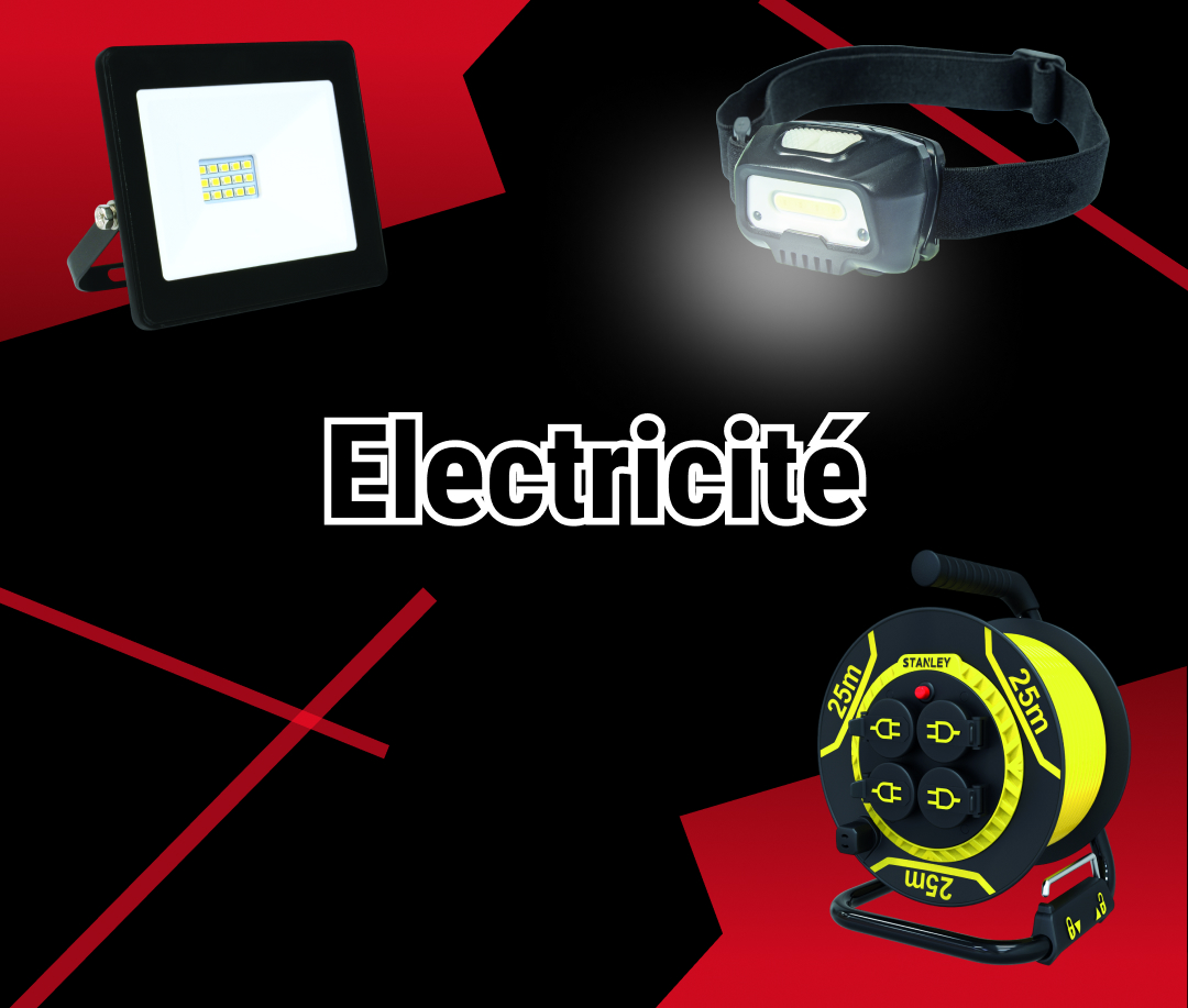 Bandeau illustratif pour la catégorie Electricité, ou l'on voit un fond noir avec un peu de design rouge et on peut aussi voir aussi un enrouleur, une lampe etc..