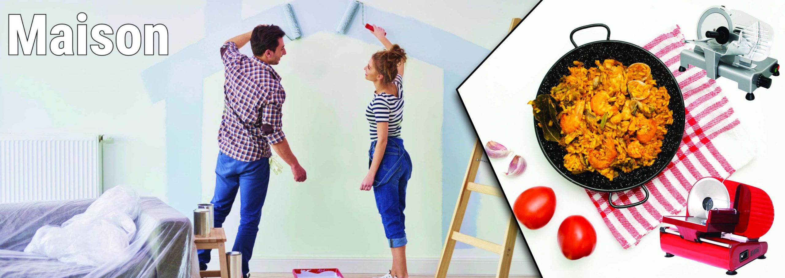Bandeau du haut de la page Maison ou l'on vois un homme et une femme qui peignent un mur et sur la droite on voit une poele et des trancheuses à jambons.