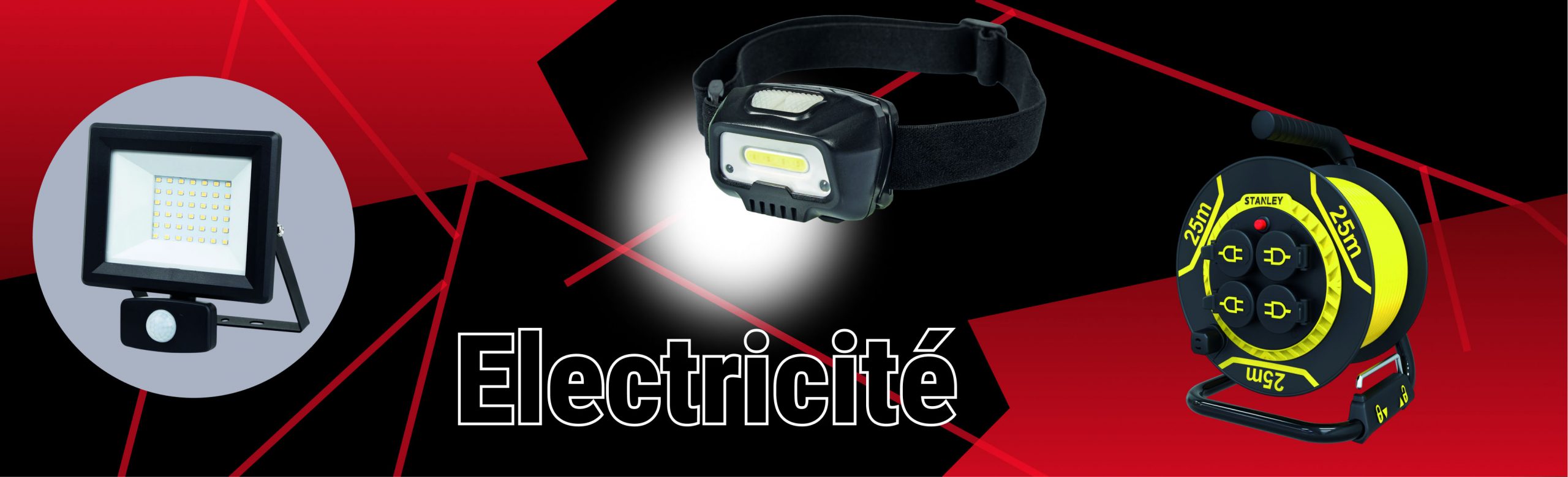 Bandeau ou l'on voit un projecteur led, une lampe frontale à led, un enrouleur électrique et un texte ou ils est marqué Electricité