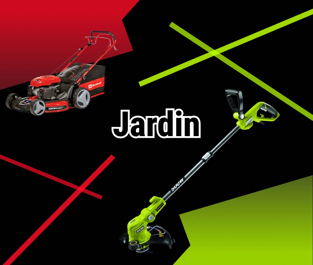 Bandeau illustratif pour la catégorie Jardin, avec fond noir et rouge/vert, montrant une tondeuse thermique Einhell et un coupe-bordures électrique Ryobi, autour du mot "Jardin" centré en blanc.