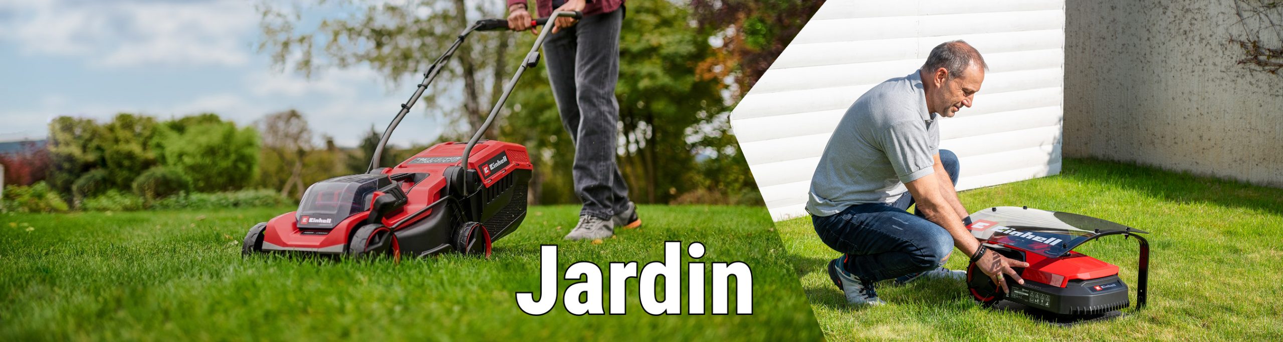 Sur l'image on voit un homme qui tond la pelouse avec une tondeuse Einhell rouge et un robot tondeuse rouge de la marque Einhell sur ca base de chargement