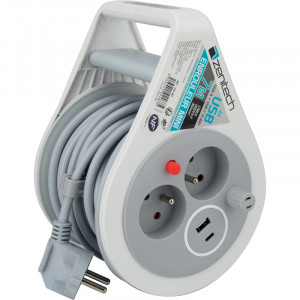 MINI ENROULEUR 7M 2 PRISES 3X1MM + USB-A + USB-C