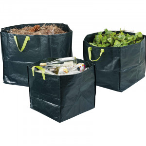 LOT DE 3 SACS DE JARDIN CARRES EN POLYETHYLENE TRESSE, GRANDE RESISTANCE DE COULEUR VERTE, COMPRENDS