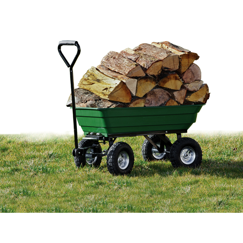 CHARIOT REMORQUE DE JARDIN 52 LITRES 4 ROUES GONFLEES DE 260MM AVEC AXES DEPORTES