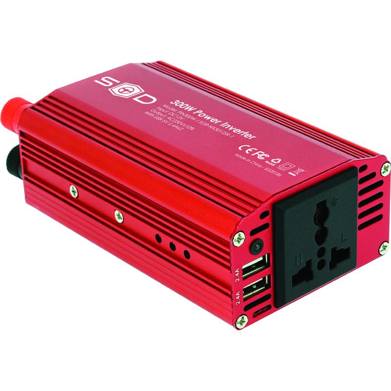 CONVERTISSEUR 12V/230V 300W+USB 2.4A*2+PINCES CROCODILES+CABLE 12V